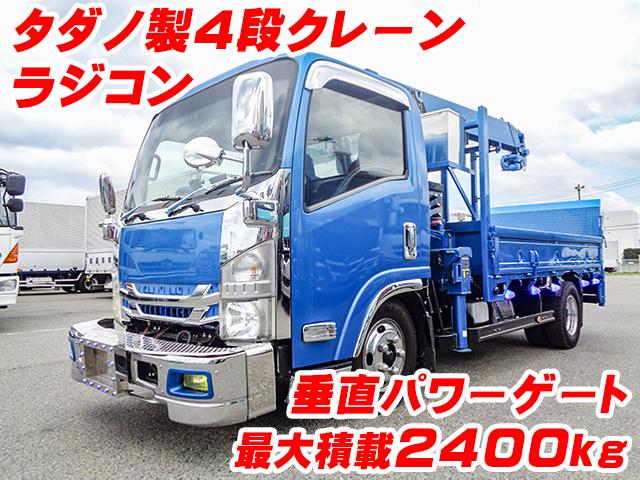 H22　いすゞ　エルフ　タダノ製4段クレーン付平ボディ　最大積載2400kg　ラジコン　垂直パワーゲート　差し違いアウトリガ